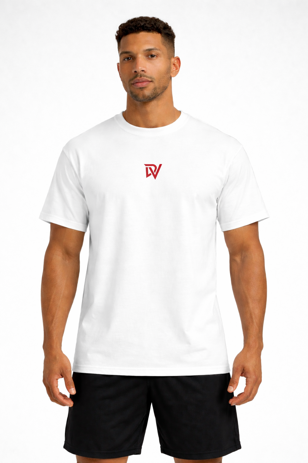 Man wearing a white t-shirt with a red logo and black shorts on a white background