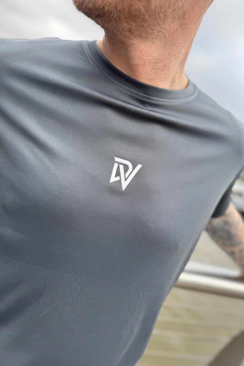 Gray t-shirt with a DV logo on the chest against a blurred background