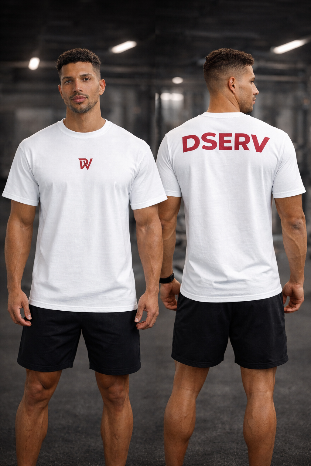 Two men wearing white t-shirts with red text, one facing front and one facing back, in a gym setting.