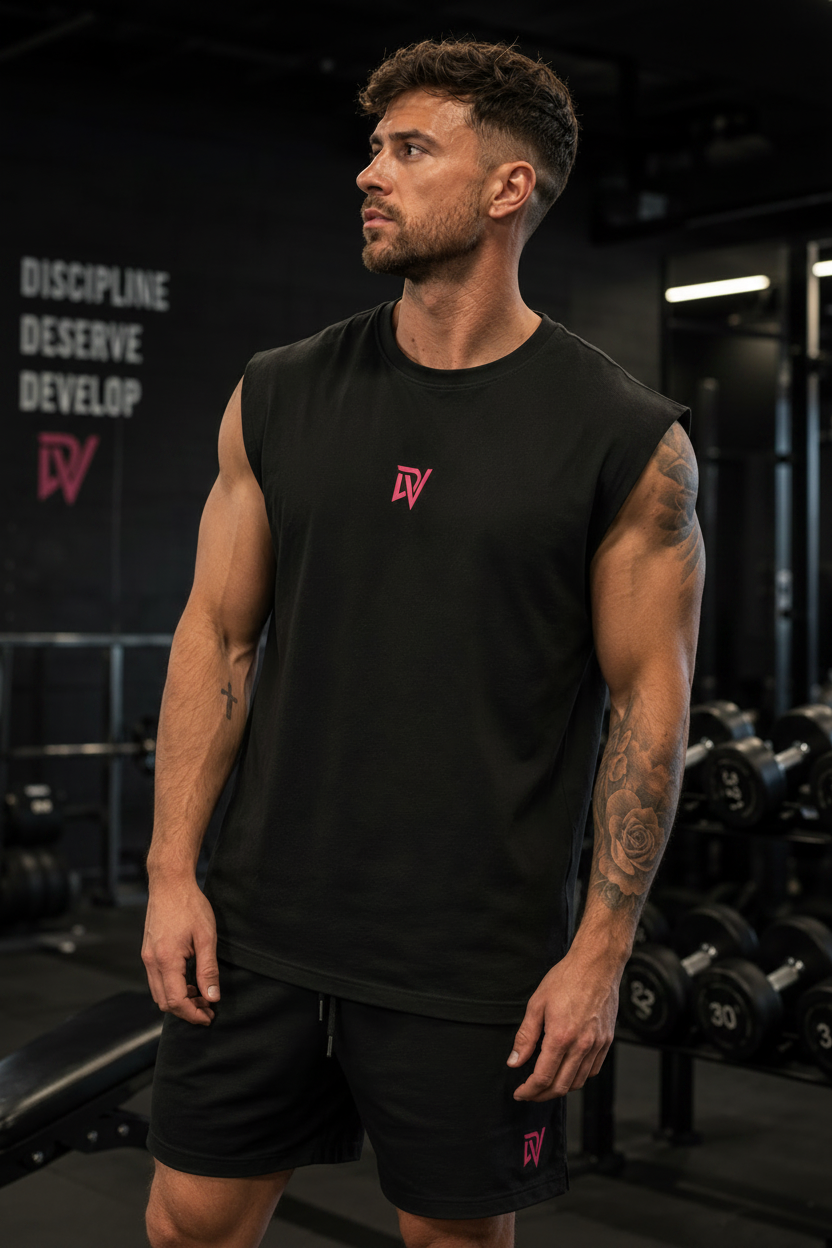 Muscular male wearing an oversized Tank top in a gym setting 