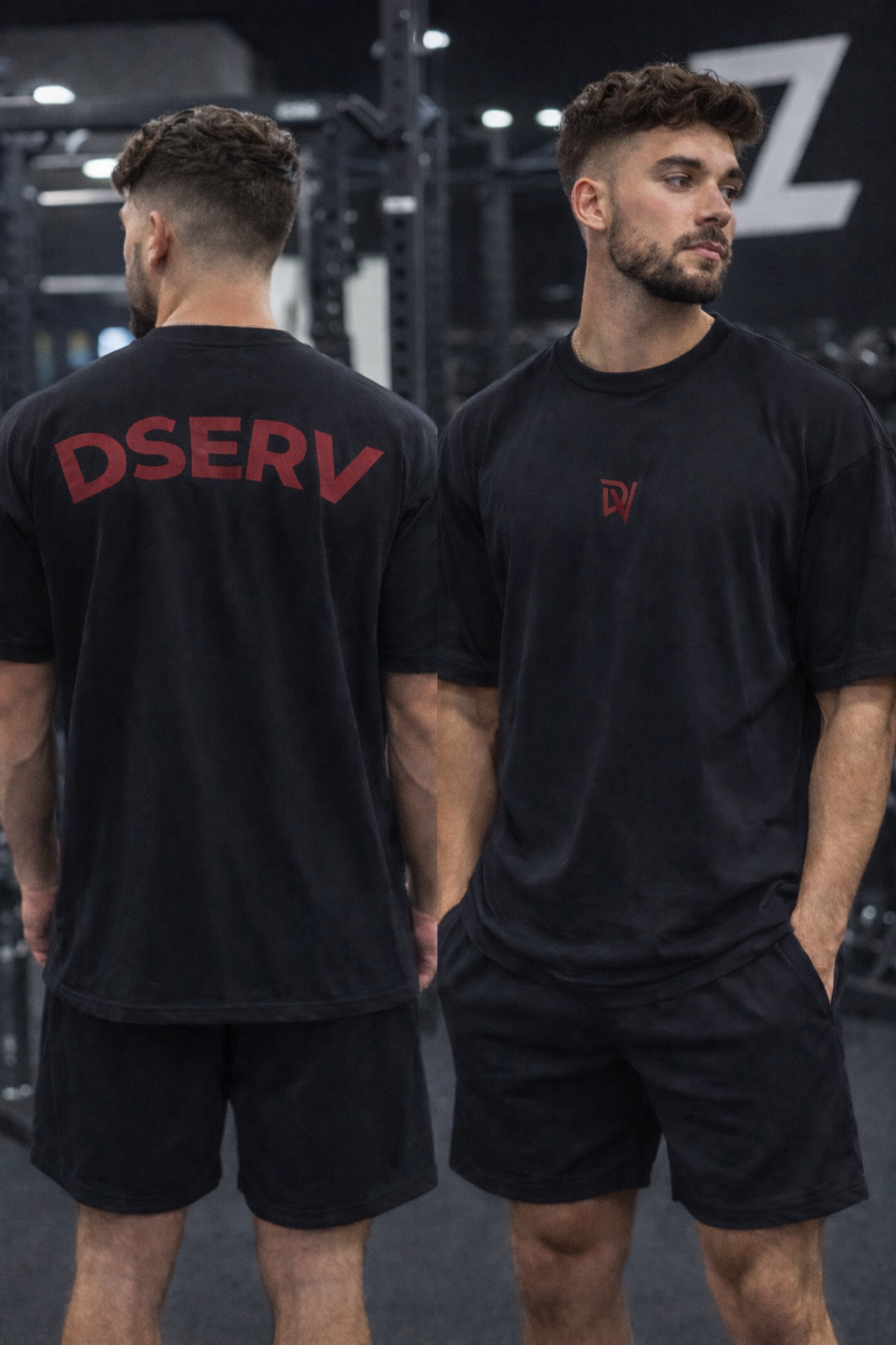 Two men wearing black t-shirts with red text in a gym setting