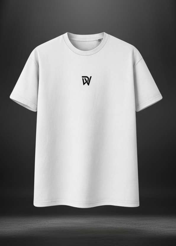 White t-shirt with a black logo on a white background