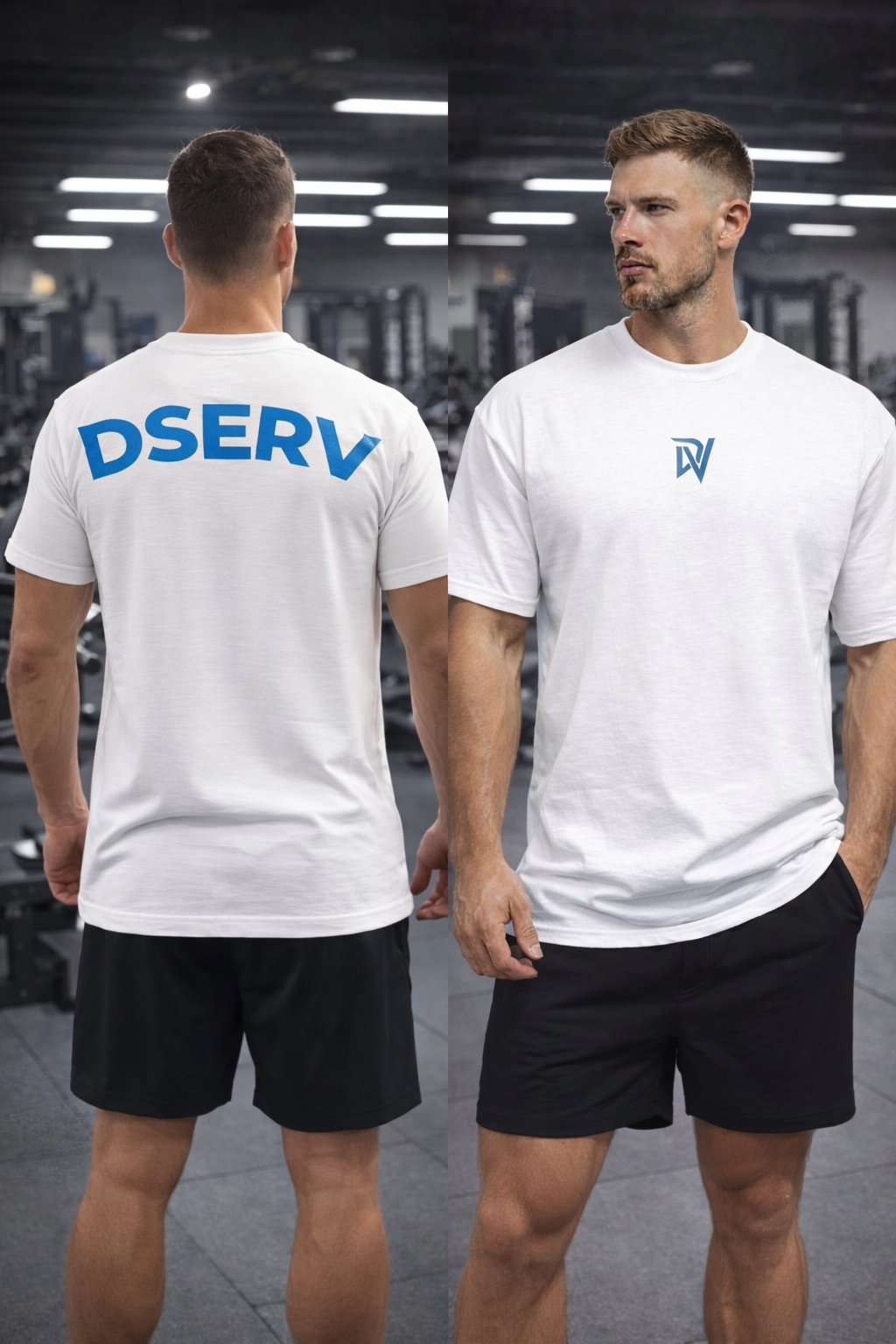 Man wearing a white t-shirt with 'DSERV' branding on the back, standing in a gym.