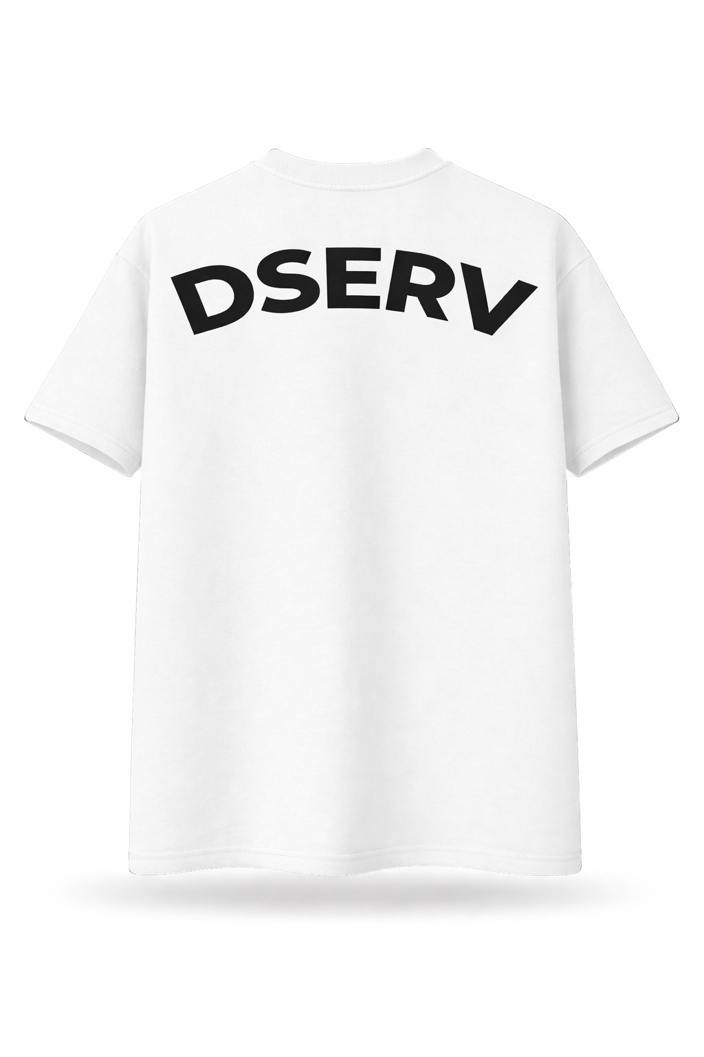 White t-shirt with 'DSERV' printed on the back against a white background